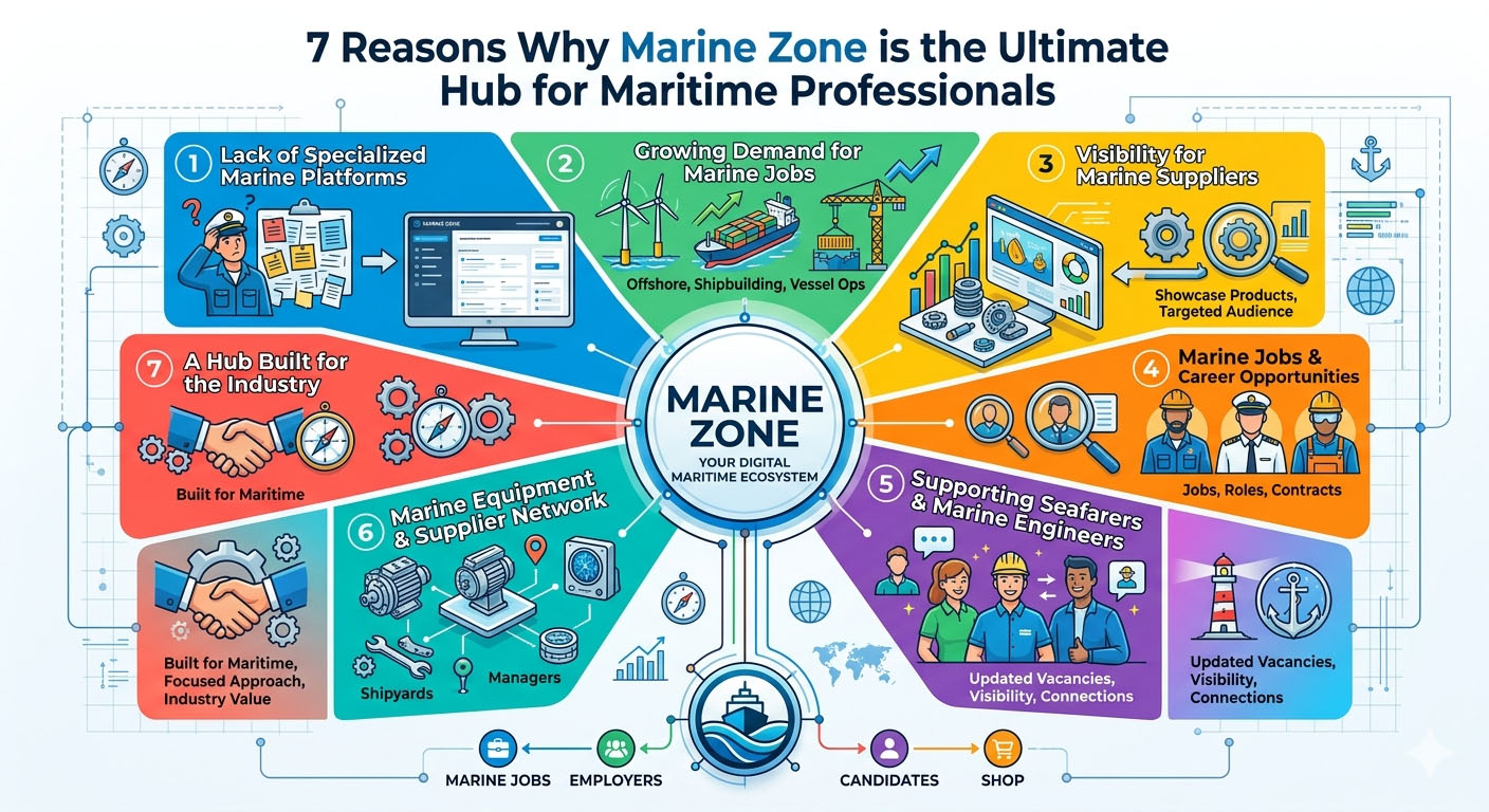 The Marine Zone platform connecting maritime professionals, marine jobs, and equipment suppliers globally.