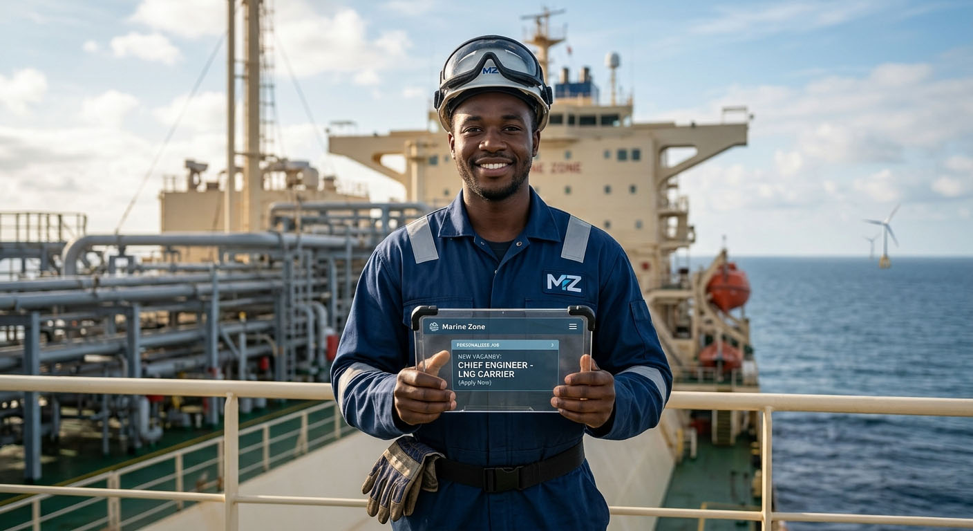 Confident seafarer on ship deck holding a tablet displaying marine jobs from the Marine Zone platform.