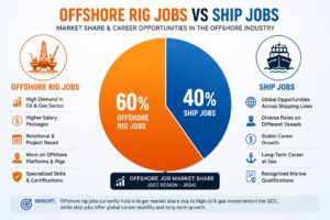 Pie chart comparing offshore rig jobs and ship jobs market share in GCC maritime and offshore industries.