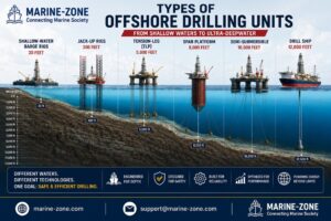 Cross-sectional comparison of offshore drilling unit types showing Shallow-water Barge Rig, Jack-Up Rig, Tension-Leg Platform (TLP), Spar Platform, Semi-Submersible, and Drill Ship with seawater depth and sloping seabed from 30 to 12,000 feet.